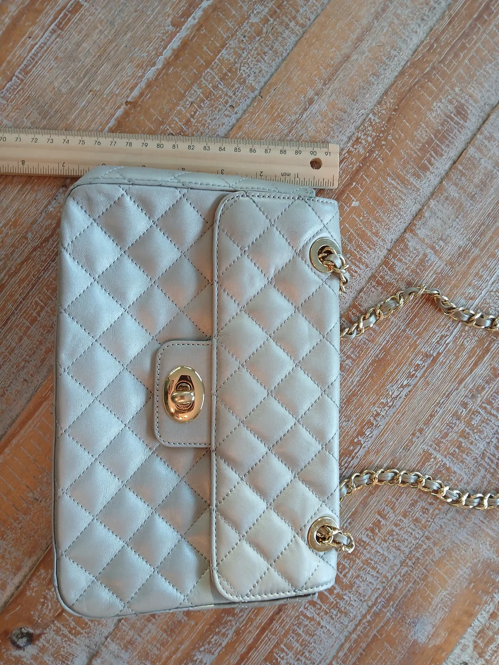 Kate Landry Quilted Champagne Metallic Shoulder Bag with Chain Strap